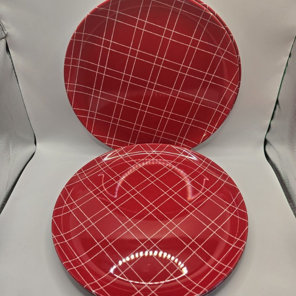 10" Red Christmas Melamine Plaid Dinner Plates X 4